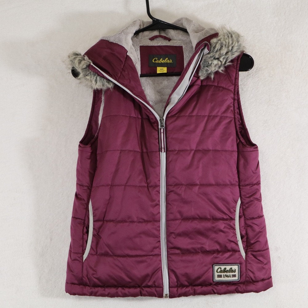 Women's Cabela's Fleece Lined Puffer Vest Purple Faux Fur Hood Primaloft Medium